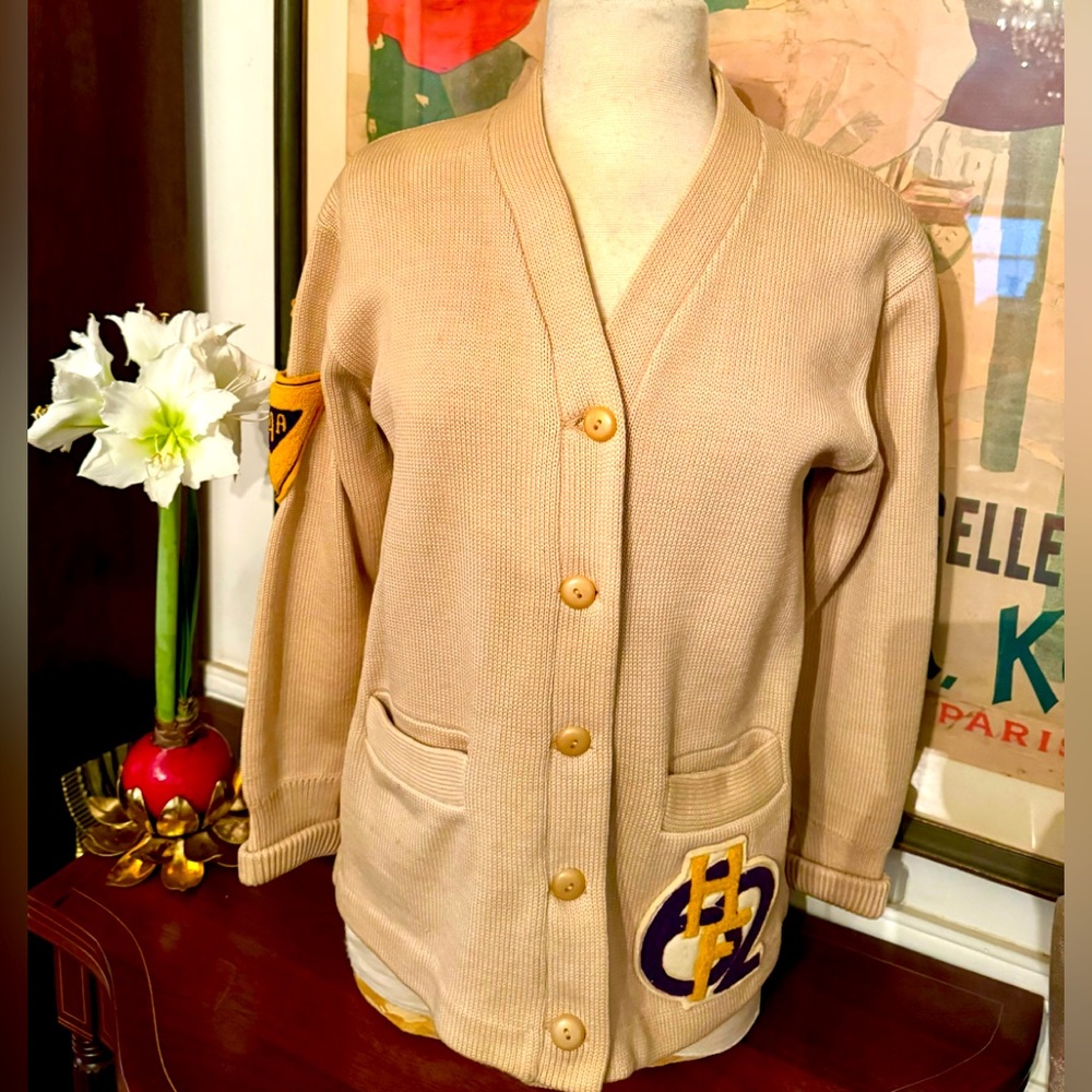 Vintage 1962 letterman sweater “ HF “classic preppy wool button cardigan